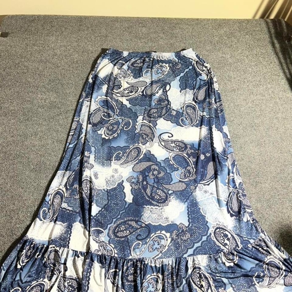 Espresso Blue Paisley Lace Print‎ Maxi Skirt XL Ruffle Hem Elastic Waist Boho
